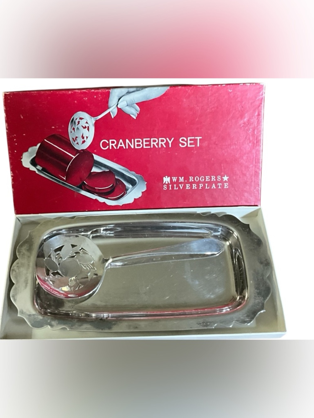 Vintage Wm Rogers Silverplate Cranberry Set Tray & Pierced Spoon w/ Box Holiday